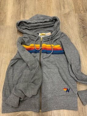 Aviator Nation Heather Gray Zip Hoodie with Yellow, Orange, Red & Blue Stripes